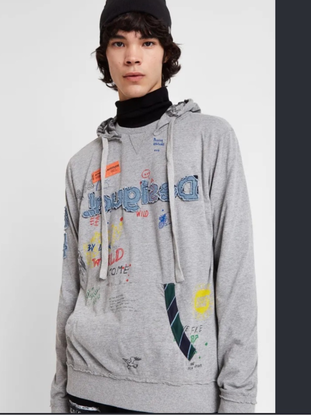 Desigual Artsy Grey Graphic Drawstring Hoodie with Multicolor kangaroo pockets